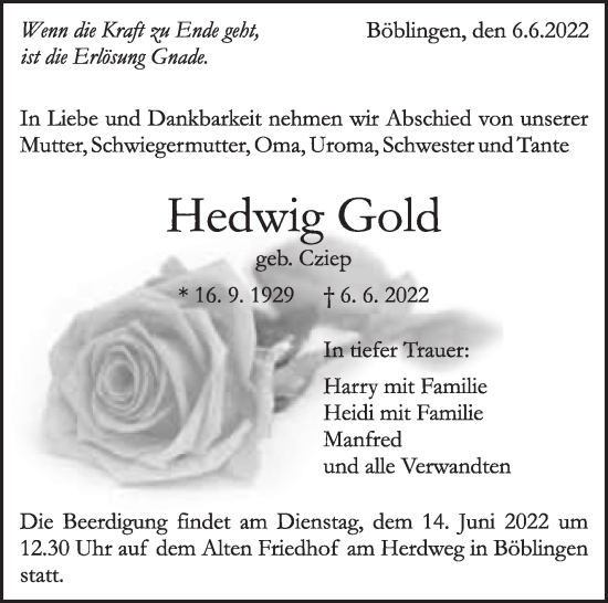 Traueranzeige von Hedwig Gold von Leonberger Kreiszeitung / Strohgäu Extra