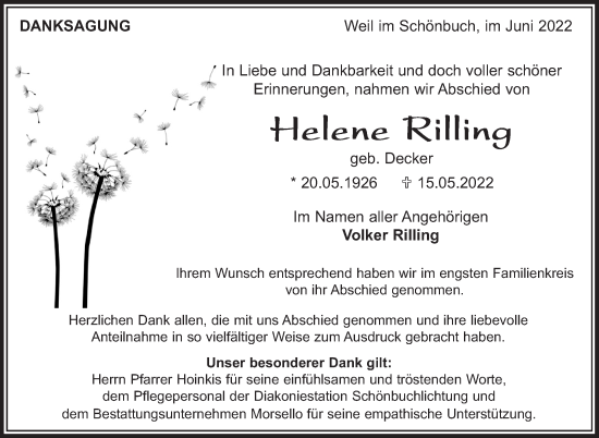 Traueranzeige von Helene Rilling von Leonberger Kreiszeitung / Strohgäu Extra