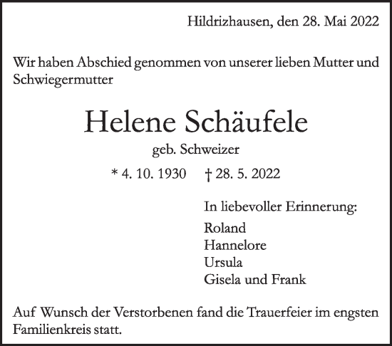 Traueranzeige von Helene Schäufele von Leonberger Kreiszeitung / Strohgäu Extra