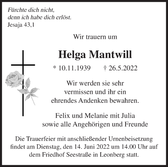 Traueranzeige von Helga Mantwill von Leonberger Kreiszeitung / Strohgäu Extra