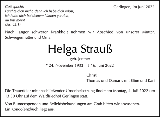 Traueranzeige von Helga Strauß von Leonberger Kreiszeitung / Strohgäu Extra