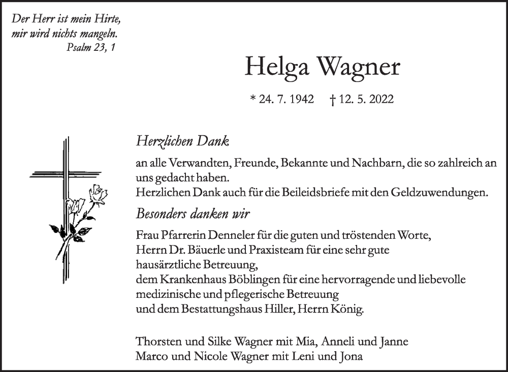  Traueranzeige für Helga Wagner vom 02.06.2022 aus Leonberger Kreiszeitung / Strohgäu Extra