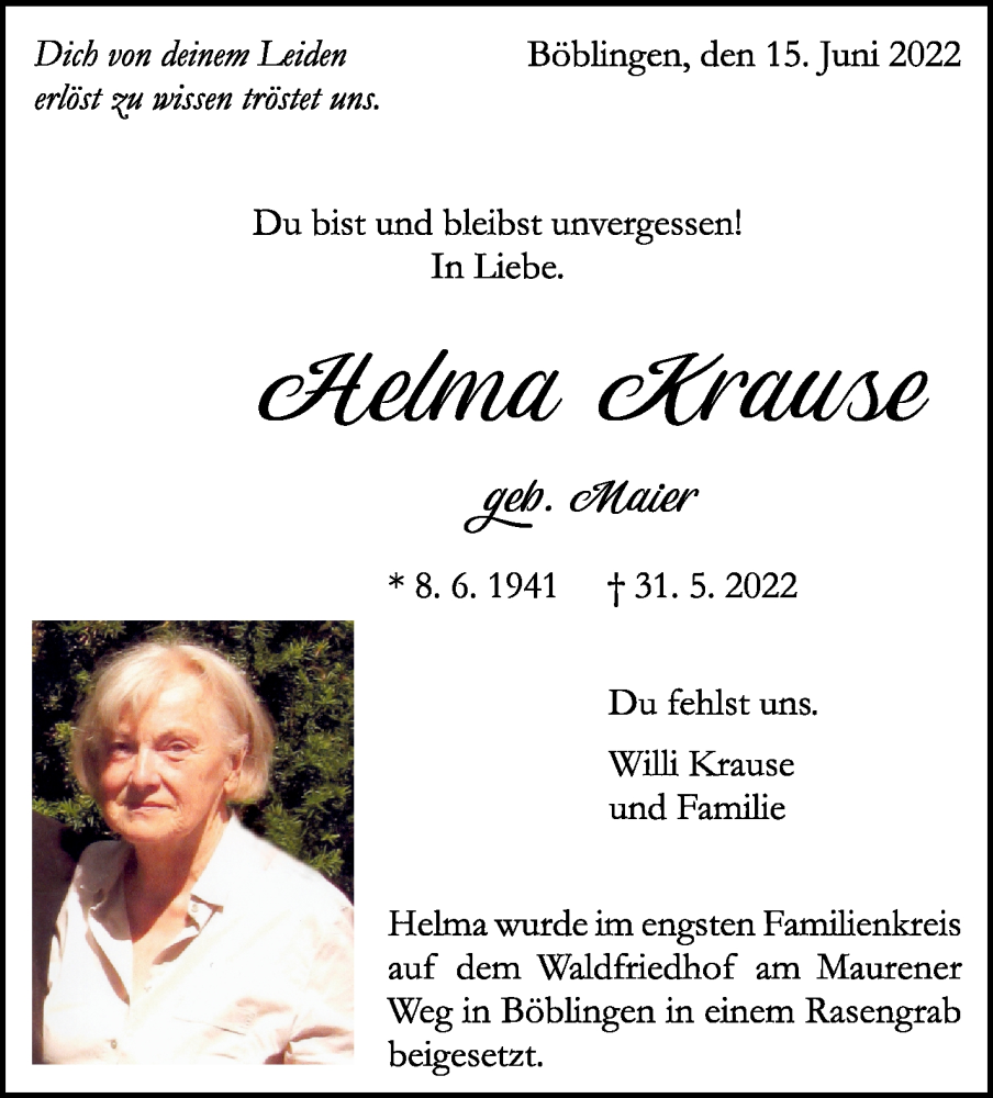  Traueranzeige für Helma Krause vom 18.06.2022 aus Leonberger Kreiszeitung / Strohgäu Extra