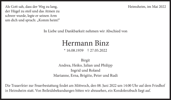 Traueranzeige von Hermann Binz von Leonberger Kreiszeitung / Strohgäu Extra