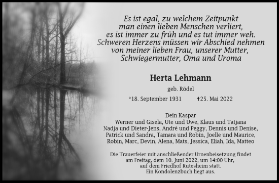 Traueranzeige von Herta Lehmann von Leonberger Kreiszeitung / Strohgäu Extra