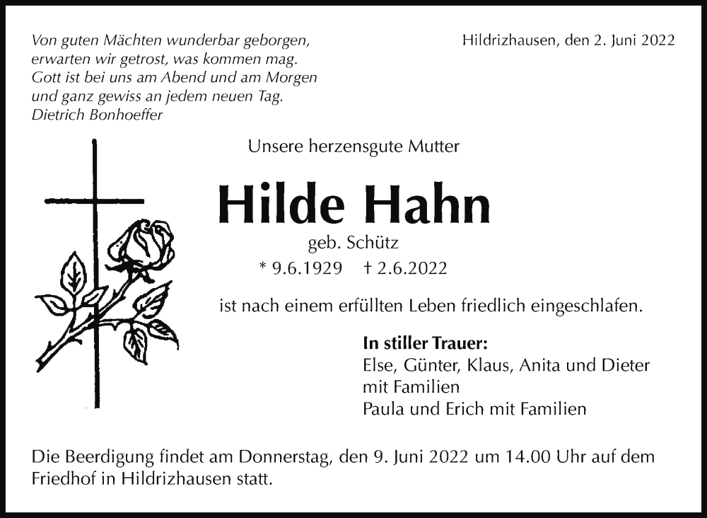  Traueranzeige für Hilde Hahn vom 09.06.2022 aus Leonberger Kreiszeitung / Strohgäu Extra