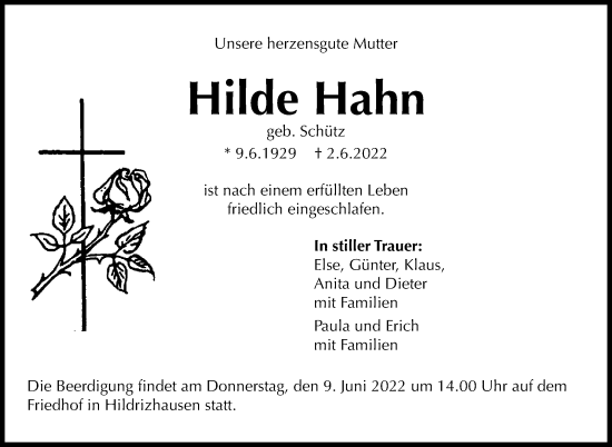 Traueranzeige von Hilde Hahn von Leonberger Kreiszeitung / Strohgäu Extra