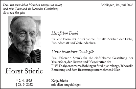 Traueranzeige von Horst Stierle von Leonberger Kreiszeitung / Strohgäu Extra
