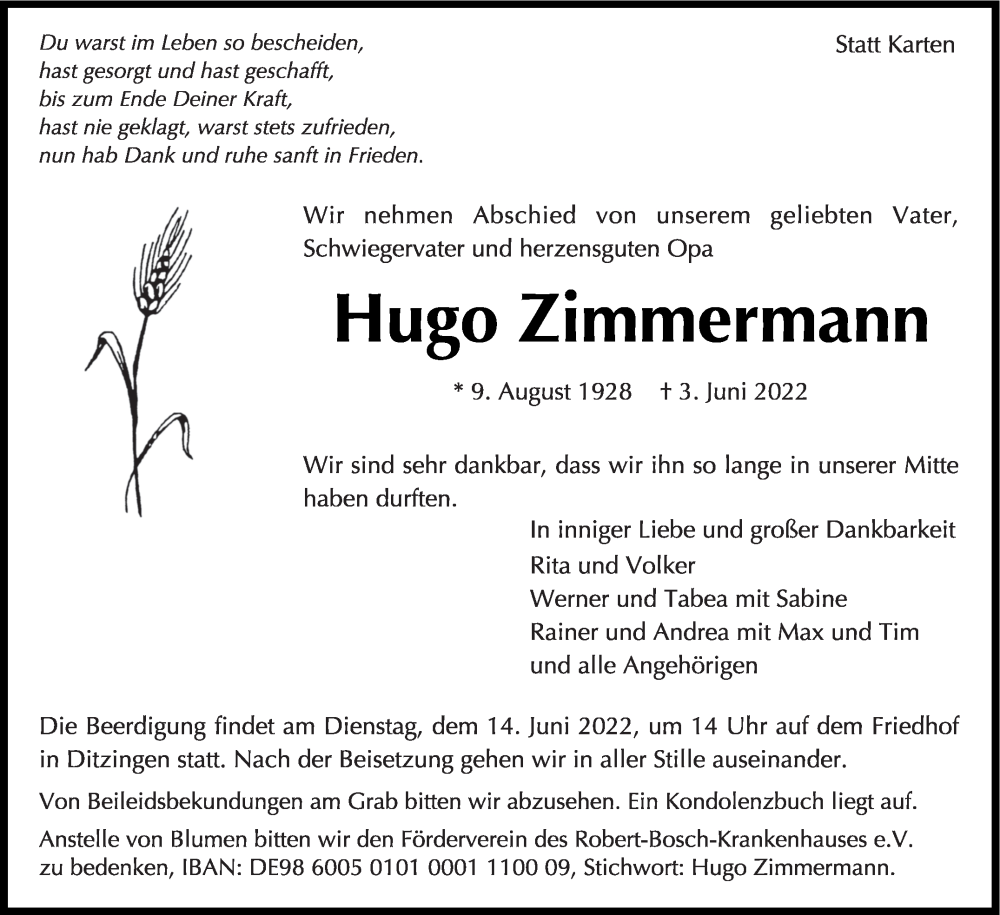 Traueranzeige für Hugo Zimmermann vom 10.06.2022 aus Leonberger Kreiszeitung / Strohgäu Extra