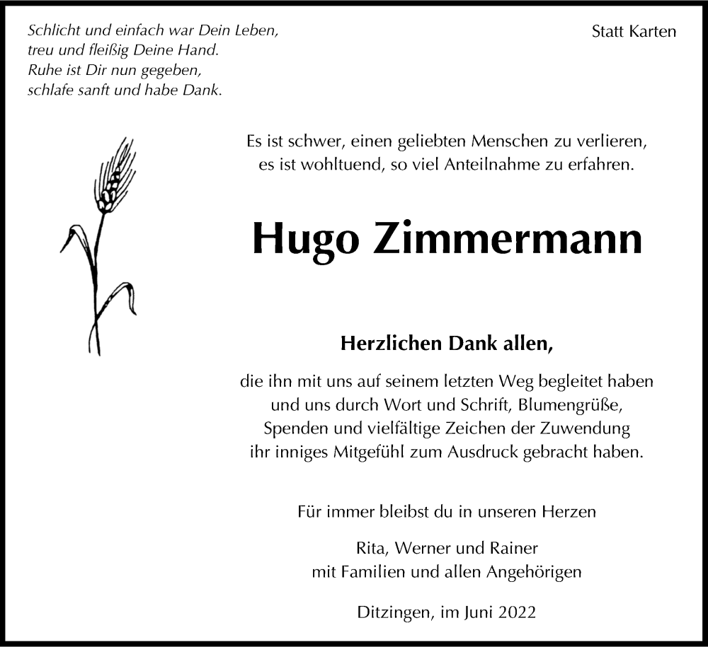  Traueranzeige für Hugo Zimmermann vom 30.06.2022 aus Leonberger Kreiszeitung / Strohgäu Extra