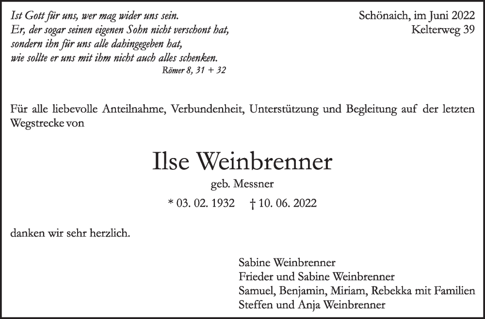  Traueranzeige für Ilse Weinbrenner vom 29.06.2022 aus Leonberger Kreiszeitung / Strohgäu Extra