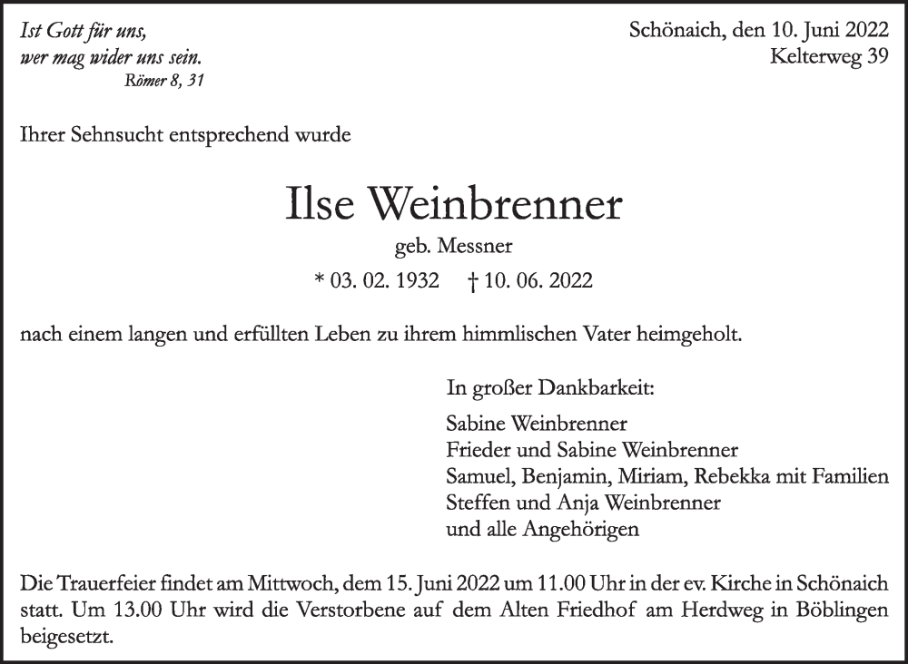  Traueranzeige für Ilse Weinbrenner vom 14.06.2022 aus Leonberger Kreiszeitung / Strohgäu Extra
