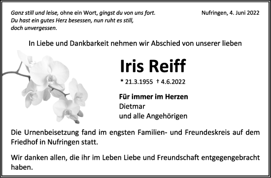 Traueranzeige von Iris Reiff von Leonberger Kreiszeitung / Strohgäu Extra