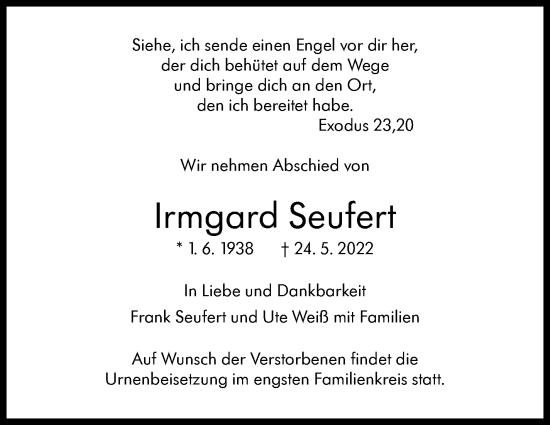 Traueranzeige von Irmgard Seufert von Leonberger Kreiszeitung / Strohgäu Extra