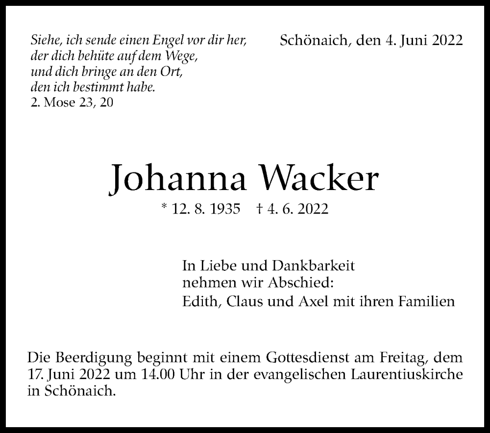  Traueranzeige für Johanna Wacker vom 11.06.2022 aus Leonberger Kreiszeitung / Strohgäu Extra