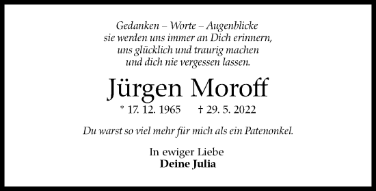 Traueranzeige von Jürgen Moroff von Leonberger Kreiszeitung / Strohgäu Extra