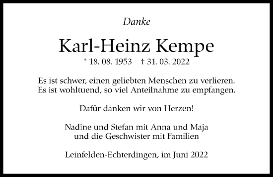Traueranzeige von Karl-Heinz Kempe von Leonberger Kreiszeitung / Strohgäu Extra
