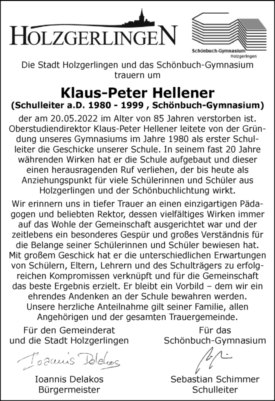 Traueranzeige von Klaus-Peter Hellener von Leonberger Kreiszeitung / Strohgäu Extra