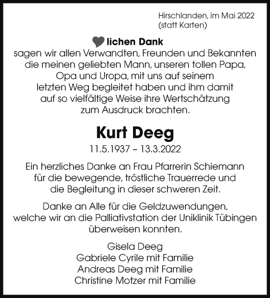 Traueranzeige von Kurt Deeg von Leonberger Kreiszeitung / Strohgäu Extra