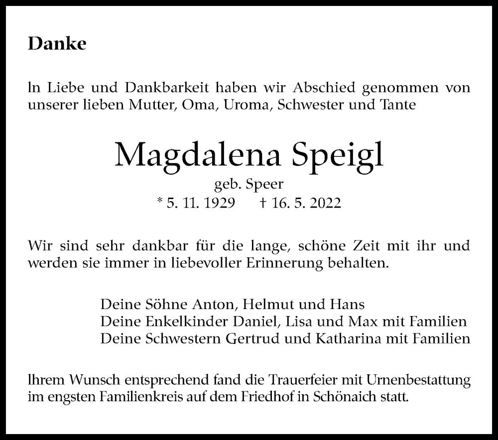  Traueranzeige für Magdalena Speigl vom 15.06.2022 aus Leonberger Kreiszeitung / Strohgäu Extra