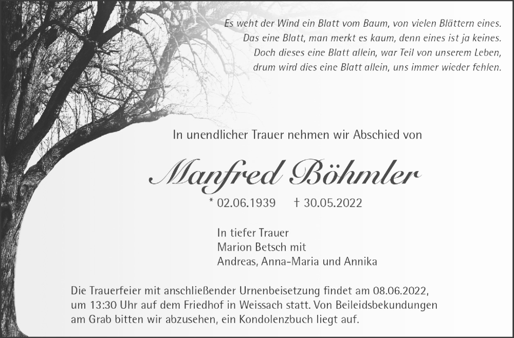 Traueranzeige für Manfred Böhmler vom 04.06.2022 aus Leonberger Kreiszeitung / Strohgäu Extra