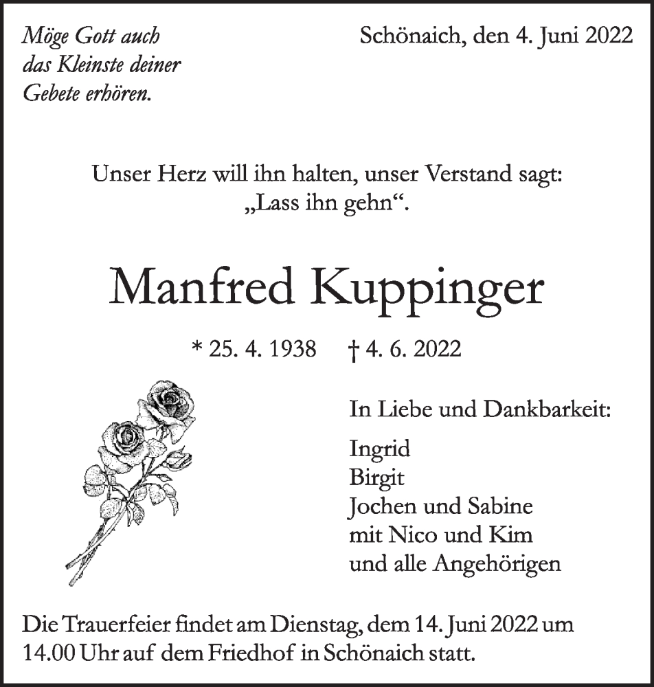  Traueranzeige für Manfred Kuppinger vom 10.06.2022 aus Leonberger Kreiszeitung / Strohgäu Extra