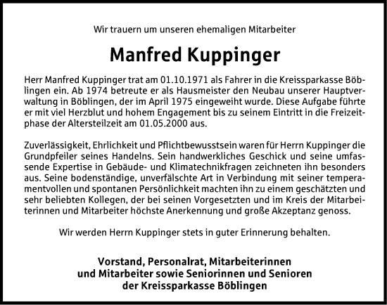 Traueranzeige von Manfred Kuppinger von Leonberger Kreiszeitung / Strohgäu Extra