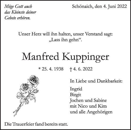 Traueranzeige von Manfred Kuppinger von Leonberger Kreiszeitung / Strohgäu Extra