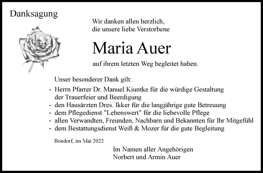  Traueranzeige für Maria Auer vom 03.06.2022 aus Leonberger Kreiszeitung / Strohgäu Extra