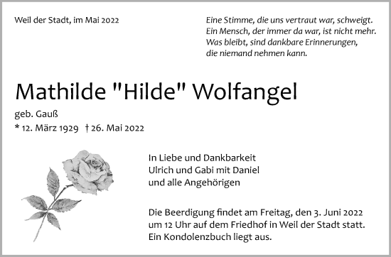 Traueranzeige von Mathilde Wolfangel von Leonberger Kreiszeitung / Strohgäu Extra