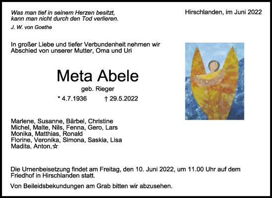 Traueranzeige von Meta Abele von Leonberger Kreiszeitung / Strohgäu Extra