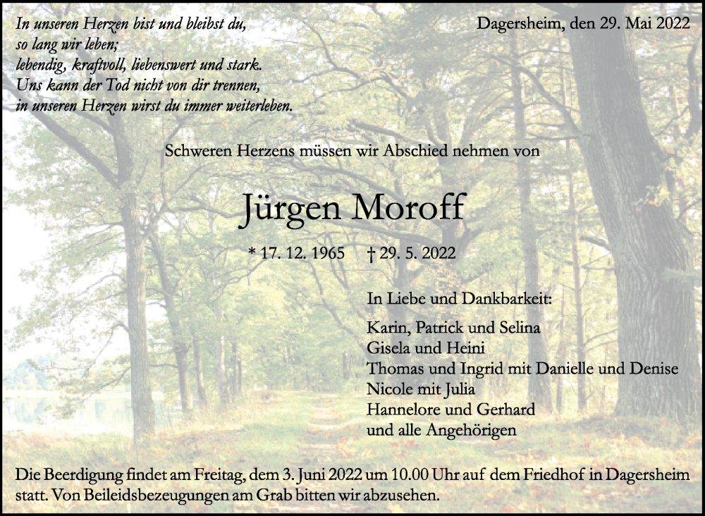  Traueranzeige für Moroff Jürgen vom 01.06.2022 aus Leonberger Kreiszeitung / Strohgäu Extra
