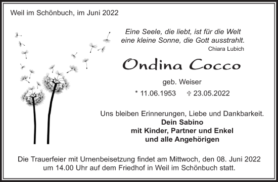Traueranzeige von Ondina Cocco von Leonberger Kreiszeitung / Strohgäu Extra