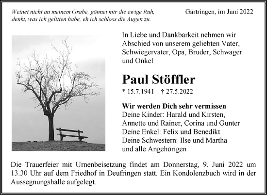 Traueranzeige von Paul Stöffler von Leonberger Kreiszeitung / Strohgäu Extra