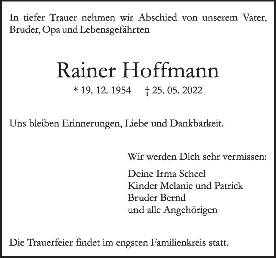 Traueranzeige von Rainer Hoffmann von Leonberger Kreiszeitung / Strohgäu Extra