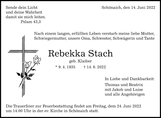 Traueranzeige von Rebekka Stach von Leonberger Kreiszeitung / Strohgäu Extra