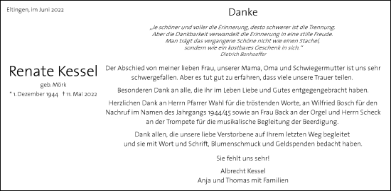 Traueranzeige von Renate Kessel von Leonberger Kreiszeitung / Strohgäu Extra