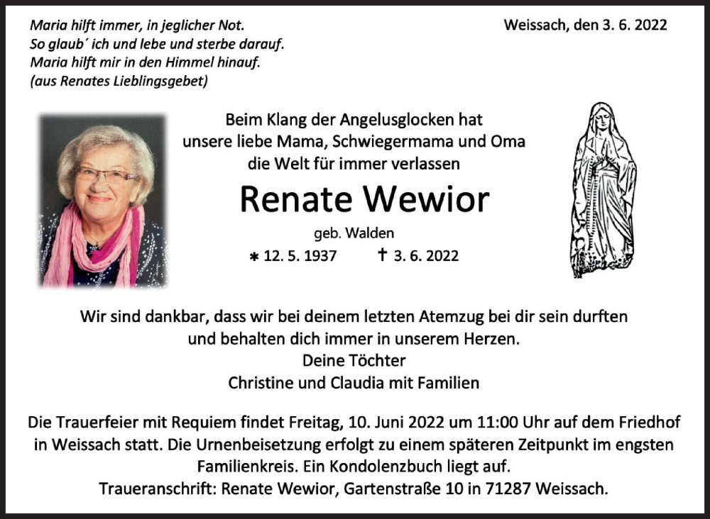  Traueranzeige für Renate Wewior vom 08.06.2022 aus Leonberger Kreiszeitung / Strohgäu Extra