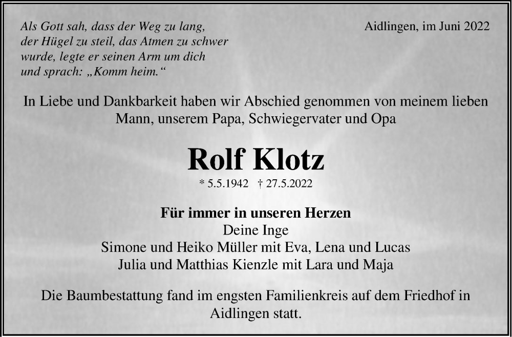  Traueranzeige für Rolf Klotz vom 04.06.2022 aus Leonberger Kreiszeitung / Strohgäu Extra