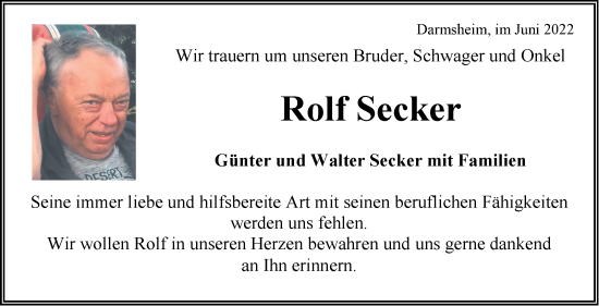 Traueranzeige von Rolf Secker von Leonberger Kreiszeitung / Strohgäu Extra