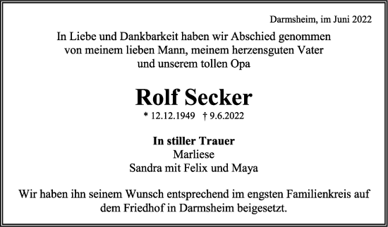 Traueranzeige von Rolf Secker von Leonberger Kreiszeitung / Strohgäu Extra