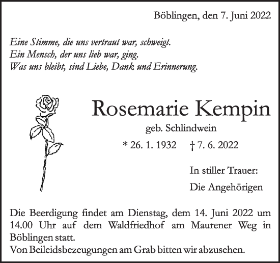 Traueranzeige von Rosemarie Kempin von Leonberger Kreiszeitung / Strohgäu Extra