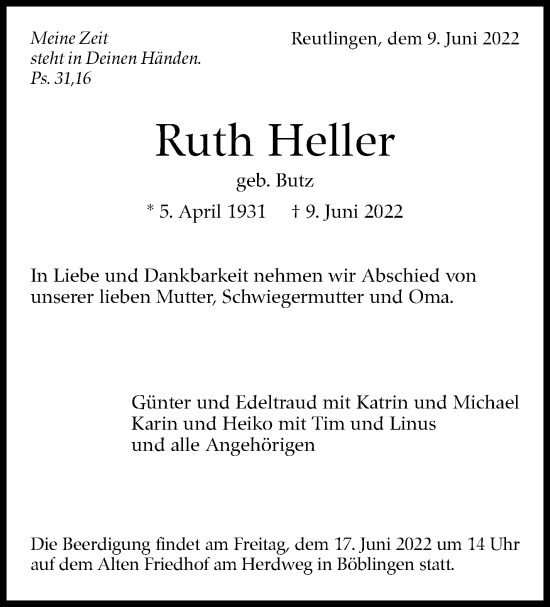 Traueranzeige von Ruth Heller von Leonberger Kreiszeitung / Strohgäu Extra