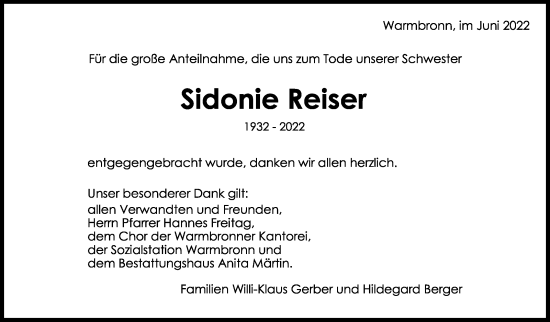 Traueranzeige von Sidonie Reiser von Leonberger Kreiszeitung / Strohgäu Extra