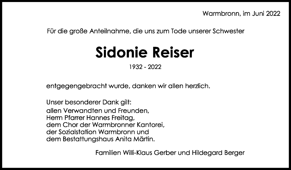  Traueranzeige für Sidonie Reiser vom 04.06.2022 aus Leonberger Kreiszeitung / Strohgäu Extra