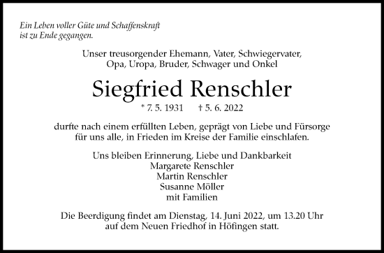 Traueranzeige von Siegfried Renschler von Leonberger Kreiszeitung / Strohgäu Extra