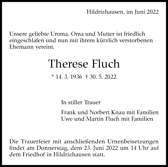 Traueranzeige von Therese Fluch von Leonberger Kreiszeitung / Strohgäu Extra