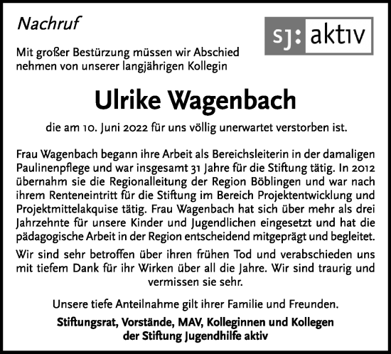 Traueranzeige von Ulrike Wagenbach von Leonberger Kreiszeitung / Strohgäu Extra