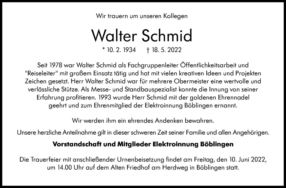  Traueranzeige für Walter Schmid vom 08.06.2022 aus Leonberger Kreiszeitung / Strohgäu Extra