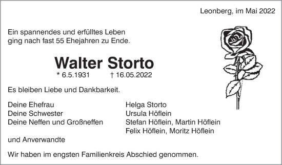 Traueranzeige von Walter Storto von Leonberger Kreiszeitung / Strohgäu Extra